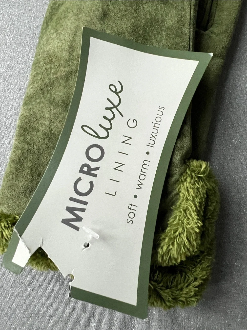 isotoner | Olive Green Suede Gloves with Plush Fringe Cuff #883J4 NWT Size M